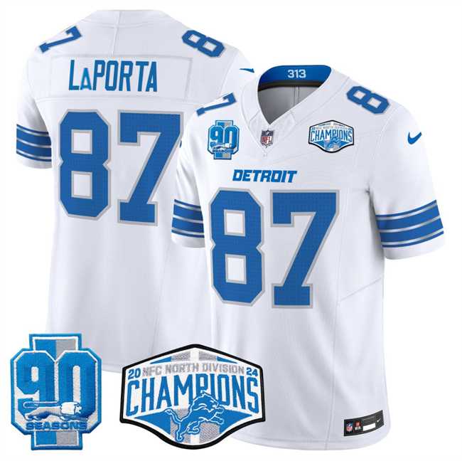 Mens Detroit Lions #87 Sam LaPorta White 2024 NFC North Champions 90th Anniversary Patch F.U.S.E. Vapor Limited Stitched Jersey